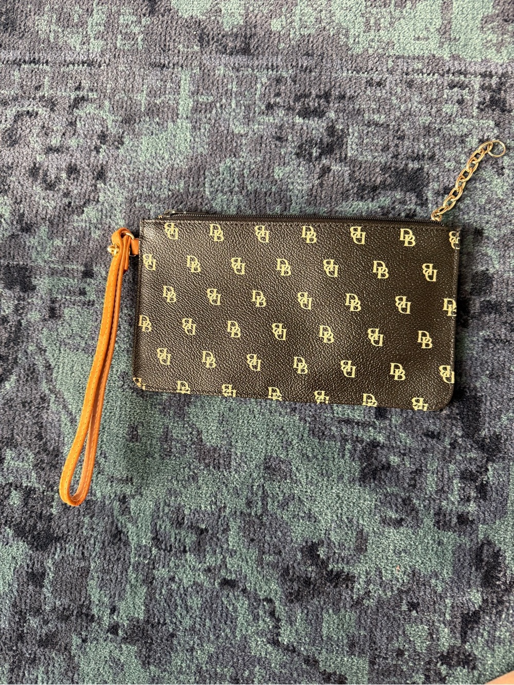 Dooney & Bourke Black Logo Wristlet Clutch with Tan Strap